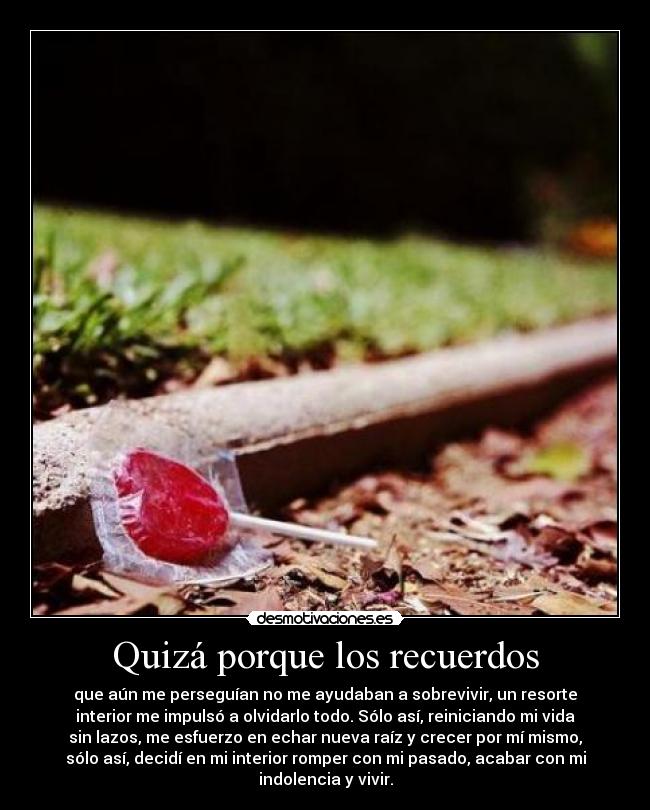 Quizá porque los recuerdos - que aún me perseguían no me ayudaban a sobrevivir, un resorte
interior me impulsó a olvidarlo todo. Sólo así, reiniciando mi vida
sin lazos, me esfuerzo en echar nueva raíz y crecer por mí mismo,
sólo así, decidí en mi interior romper con mi pasado, acabar con mi
indolencia y vivir.