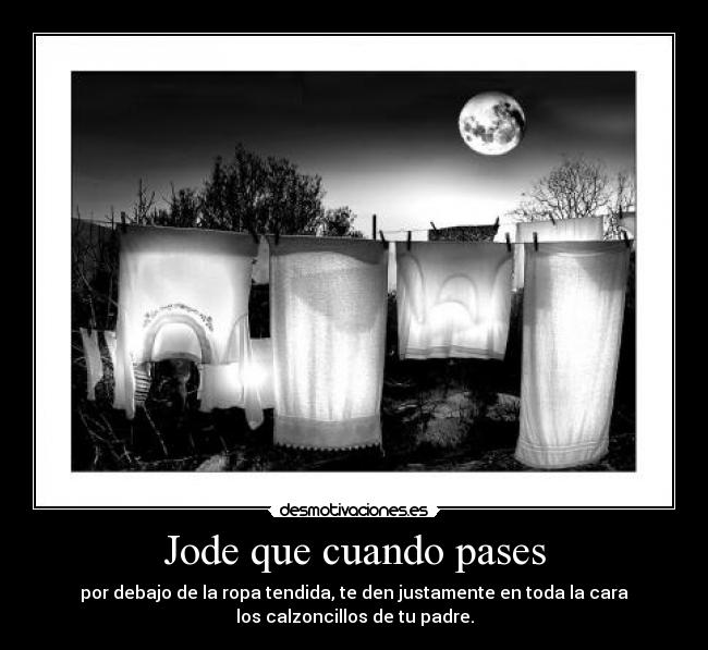 Jode que cuando pases - por debajo de la ropa tendida, te den justamente en toda la cara
los calzoncillos de tu padre.