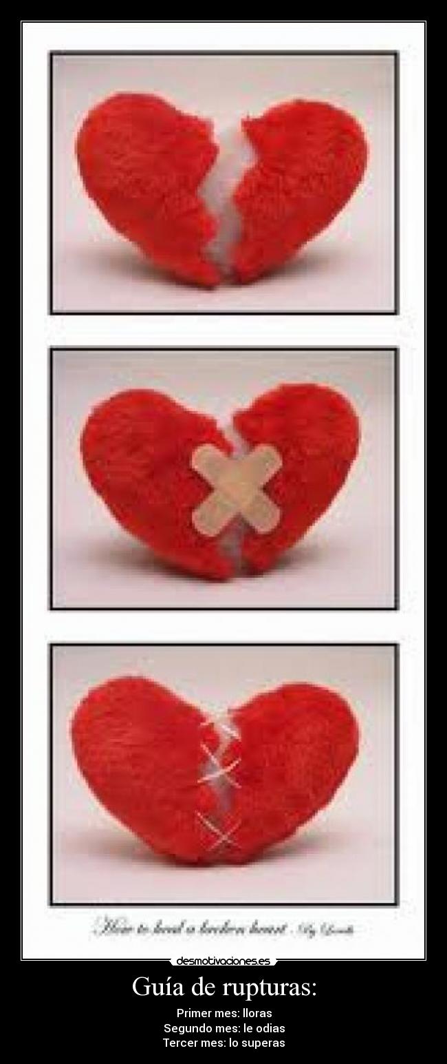 Guía de rupturas: - Primer mes: lloras
Segundo mes: le odias
Tercer mes: lo superas