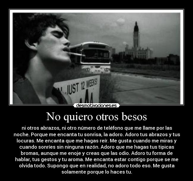 No quiero otros besos - ni otros abrazos, ni otro número de teléfono que me llame por las
noche. Porque me encanta tu sonrisa, la adoro. Adoro tus abrazos y tus
locuras. Me encanta que me hagas reír. Me gusta cuando me miras y
cuando sonríes sin ninguna razón. Adoro que me hagas tus tipicas
bromas, aunque me enoje y creas que las odio. Adoro tu forma de
hablar, tus gestos y tu aroma. Me encanta estar contigo porque se me
olvida todo. Supongo que en realidad, no adoro todo eso. Me gusta
solamente porque lo haces tu.