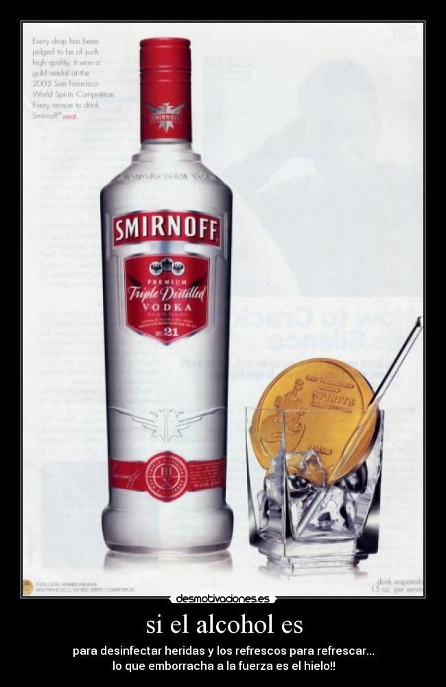 si el alcohol es - para desinfectar heridas y los refrescos para refrescar...
lo que emborracha a la fuerza es el hielo!!
