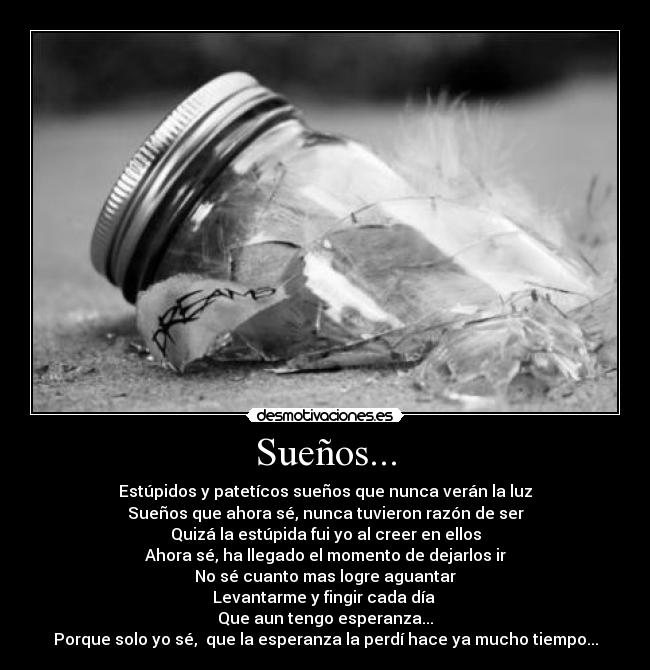 Sueños... - Estúpidos y patetícos sueños que nunca verán la luz
Sueños que ahora sé, nunca tuvieron razón de ser
Quizá la estúpida fui yo al creer en ellos
Ahora sé, ha llegado el momento de dejarlos ir
No sé cuanto mas logre aguantar
Levantarme y fingir cada día
Que aun tengo esperanza...
Porque solo yo sé, que la esperanza la perdí hace ya mucho tiempo...