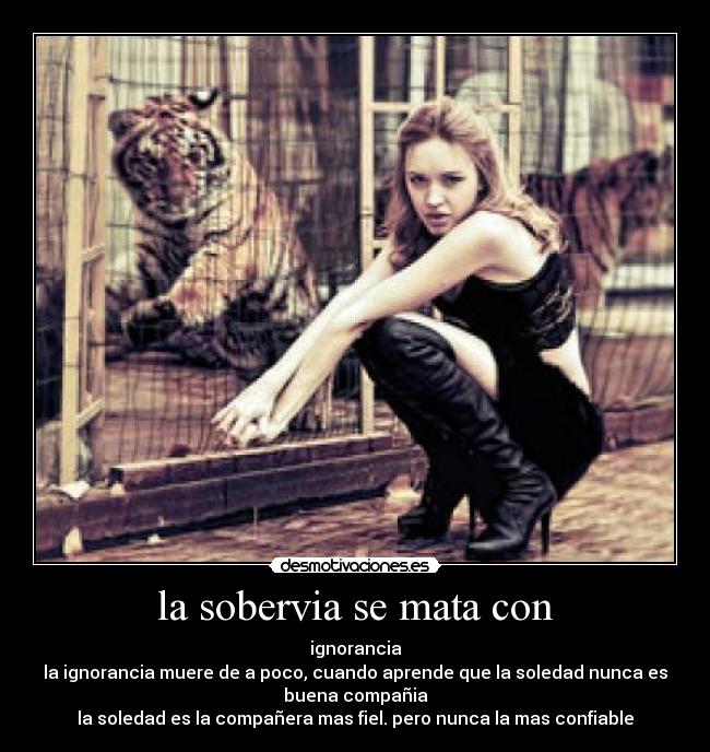 la sobervia se mata con - ignorancia
la ignorancia muere de a poco, cuando aprende que la soledad nunca es
buena compañia
la soledad es la compañera mas fiel. pero nunca la mas confiable