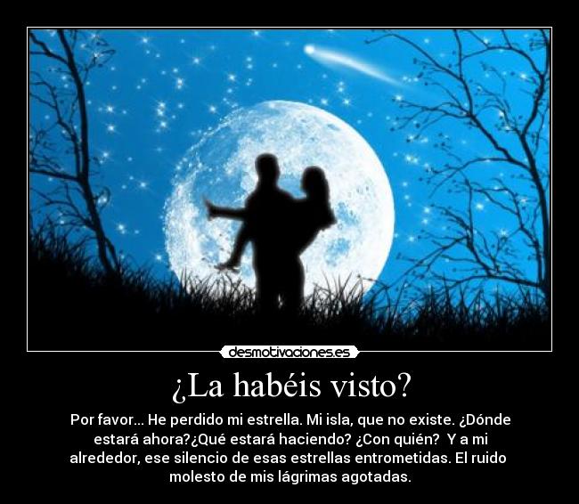 ¿La habéis visto? - Por favor... He perdido mi estrella. Mi isla, que no existe. ¿Dónde
estará ahora?¿Qué estará haciendo? ¿Con quién? Y a mi
alrededor, ese silencio de esas estrellas entrometidas. El ruido
molesto de mis lágrimas agotadas.