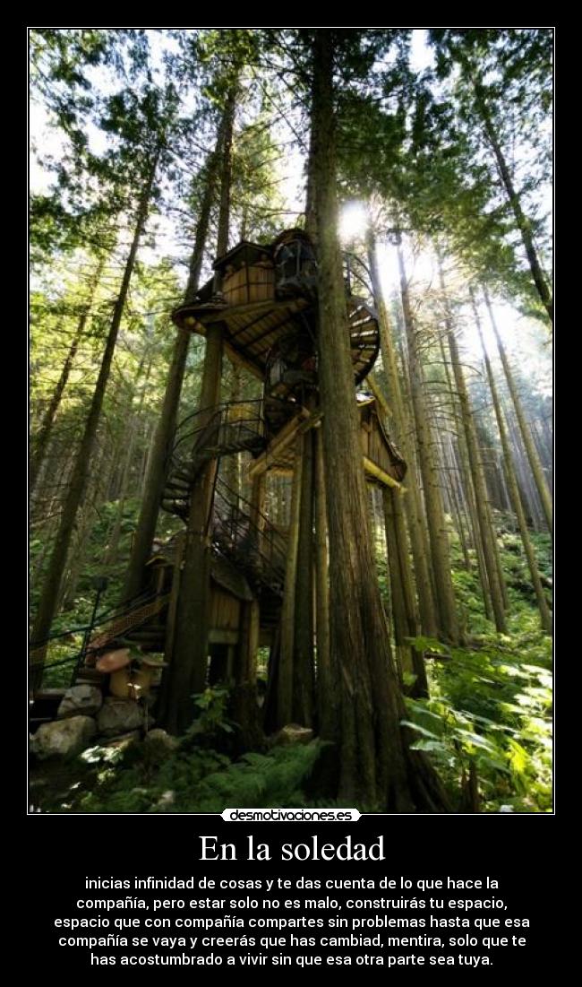 En la soledad - inicias infinidad de cosas y te das cuenta de lo que hace la
compañía, pero estar solo no es malo, construirás tu espacio,
espacio que con compañía compartes sin problemas hasta que esa
compañía se vaya y creerás que has cambiad, mentira, solo que te
has acostumbrado a vivir sin que esa otra parte sea tuya.