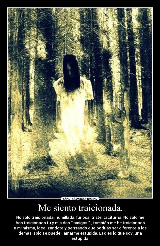 Me siento traicionada. - No solo traicionada, humillada, furiosa, triste, taciturna. No solo me
has traicionado tu y mis dos ``amigas´´ , también me he traicionado
a mi misma, idealizandote y pensando que podrías ser diferente a los
demás, solo se puede llamarme estúpida. Eso es lo que soy, una
estúpida.