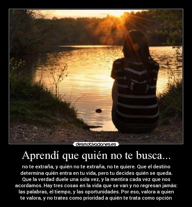 Aprendí que quién no te busca... - no te extraña, y quién no te extraña, no te quiere. Que el destino
determina quién entra en tu vida, pero tu decides quién se queda.
Que la verdad duele una sola vez, y la mentira cada vez que nos
acordamos. Hay tres cosas en la vida que se van y no regresan jamás:
las palabras, el tiempo, y las oportunidades. Por eso, valora a quien
te valora, y no trates como prioridad a quién te trata como opción