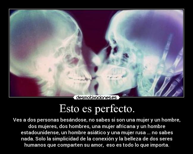 Esto es perfecto. - Ves a dos personas besándose, no sabes si son una mujer y un hombre,
dos mujeres, dos hombres, una mujer africana y un hombre
estadounidense, un hombre asiático y una mujer rusa ... no sabes
nada. Solo la simplicidad de la conexión y la belleza de dos seres
humanos que comparten su amor,  eso es todo lo que importa.