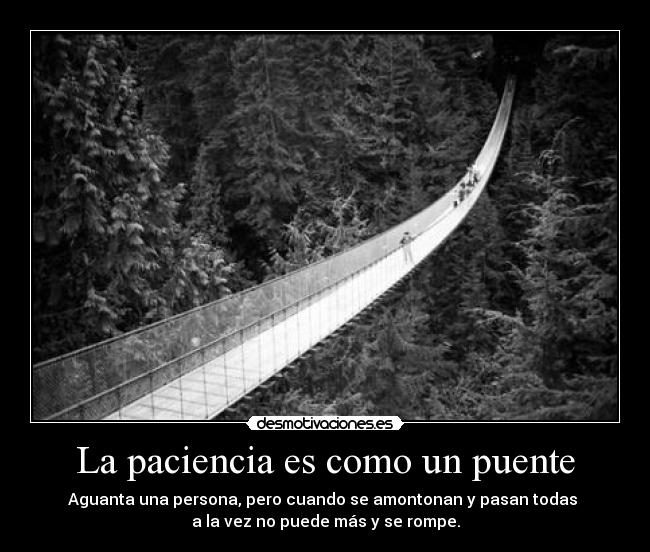 La paciencia es como un puente - Aguanta una persona, pero cuando se amontonan y pasan todas 
a la vez no puede más y se rompe.