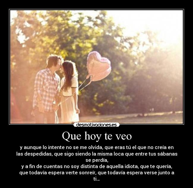 Que hoy te veo - y aunque lo intente no se me olvida, que eras tú el que no creía en
las despedidas, que sigo siendo la misma loca que entre tus sábanas
se perdía,
y a fin de cuentas no soy distinta de aquella idiota, que te quería,
que todavía espera verte sonreír, que todavía espera verse junto a
ti…