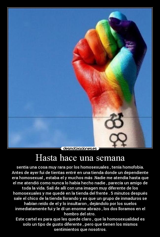 Hasta hace una semana - sentía una cosa muy rara por los homosexuales , tenía homofobia.
Antes de ayer fui de tientas entré en una tienda donde un dependiente
era homosexual , estaba el y muchos más .Nadie me atendía hasta que
el me atendió como nunca lo había hecho nadie , parecía un amigo de
toda la vida. Salí de allí con una imagen muy diferente de los
homosexuales y me quedé en la tienda del frente . 5 minutos después
sale el chico de la tienda llorando y es que un grupo de inmaduros se
habían reído de el y lo insultaron , dejándolo por los suelos
inmediatamente fui y le dí un enorme abrazo , los dos lloramos en el
hombro del otro.
Este cartel es para que les quede claro , que la homosexualidad es
solo un tipo de gusto diferente , pero que tienen los mismos
sentimientos que nosotros.
