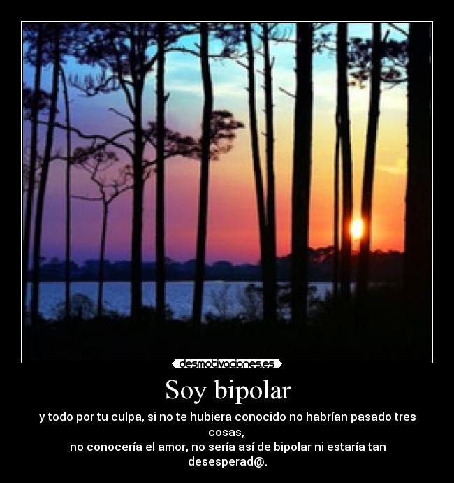 Soy bipolar - y todo por tu culpa, si no te hubiera conocido no habrían pasado tres cosas, 
no conocería el amor, no sería así de bipolar ni estaría tan desesperad@.