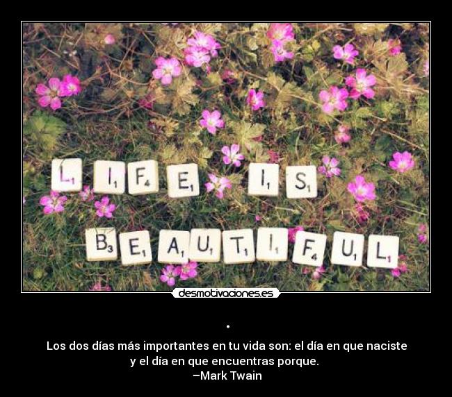 . - Los dos días más importantes en tu vida son: el día en que naciste
y el día en que encuentras porque. 
–Mark Twain