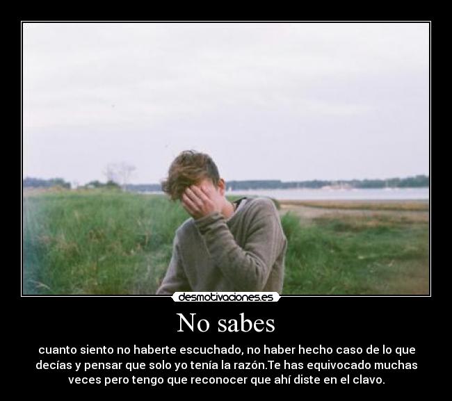 No sabes - cuanto siento no haberte escuchado, no haber hecho caso de lo que
decías y pensar que solo yo tenía la razón.Te has equivocado muchas
veces pero tengo que reconocer que ahí diste en el clavo.