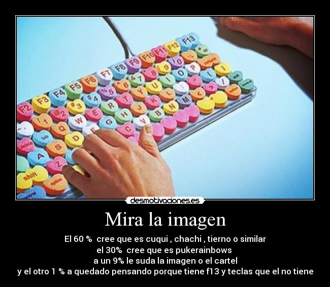 Mira la imagen - El 60 % cree que es cuqui , chachi , tierno o similar
el 30% cree que es pukerainbows
a un 9% le suda la imagen o el cartel
y el otro 1 % a quedado pensando porque tiene f13 y teclas que el no tiene