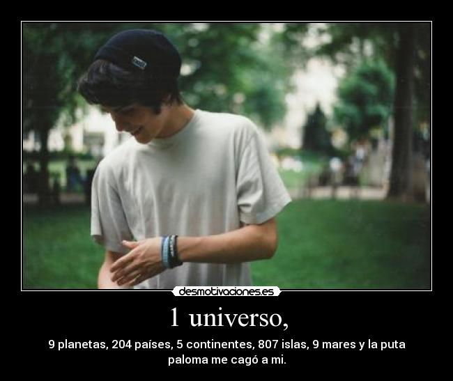 1 universo, - 9 planetas, 204 países, 5 continentes, 807 islas, 9 mares y la puta
paloma me cagó a mi.