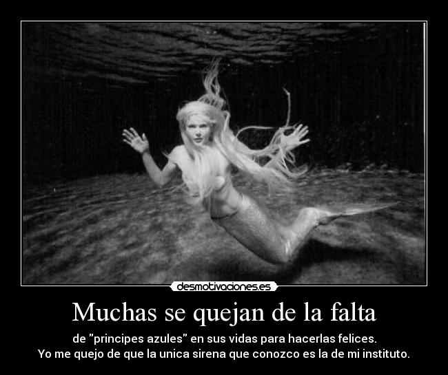 Muchas se quejan de la falta - de principes azules en sus vidas para hacerlas felices.
Yo me quejo de que la unica sirena que conozco es la de mi instituto.