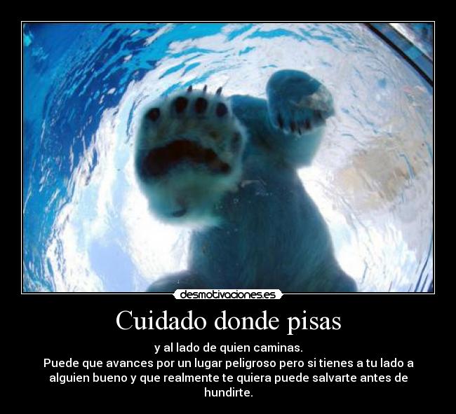 Cuidado donde pisas - y al lado de quien caminas.
Puede que avances por un lugar peligroso pero si tienes a tu lado a
alguien bueno y que realmente te quiera puede salvarte antes de
hundirte.