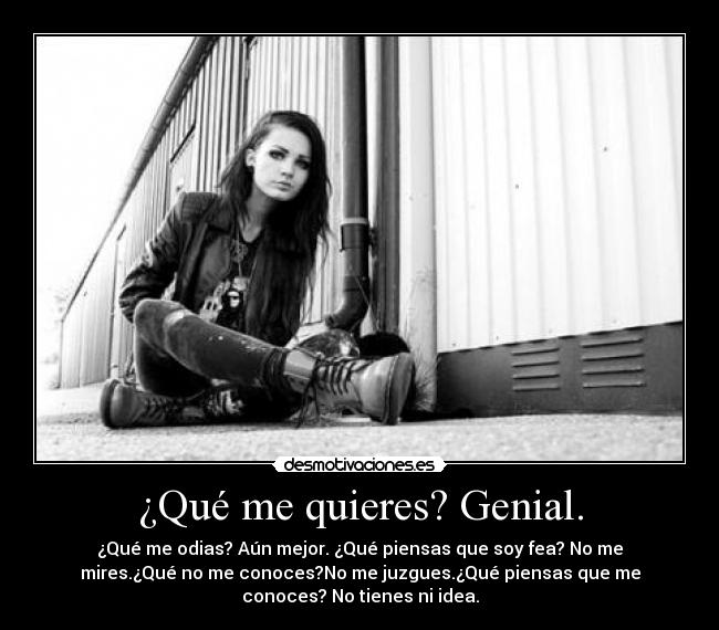 ¿Qué me quieres? Genial. - ¿Qué me odias? Aún mejor. ¿Qué piensas que soy fea? No me
mires.¿Qué no me conoces?No me juzgues.¿Qué piensas que me
conoces? No tienes ni idea.