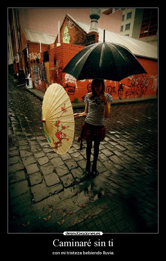 Caminaré sin ti - con mi tristeza bebiendo lluvia.