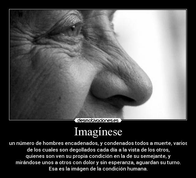 Imagínese - un número de hombres encadenados, y condenados todos a muerte, varios
de los cuales son degollados cada día a la vista de los otros,
quienes son ven su propia condición en la de su semejante, y
mirándose unos a otros con dolor y sin esperanza, aguardan su turno.
Esa es la imágen de la condición humana.