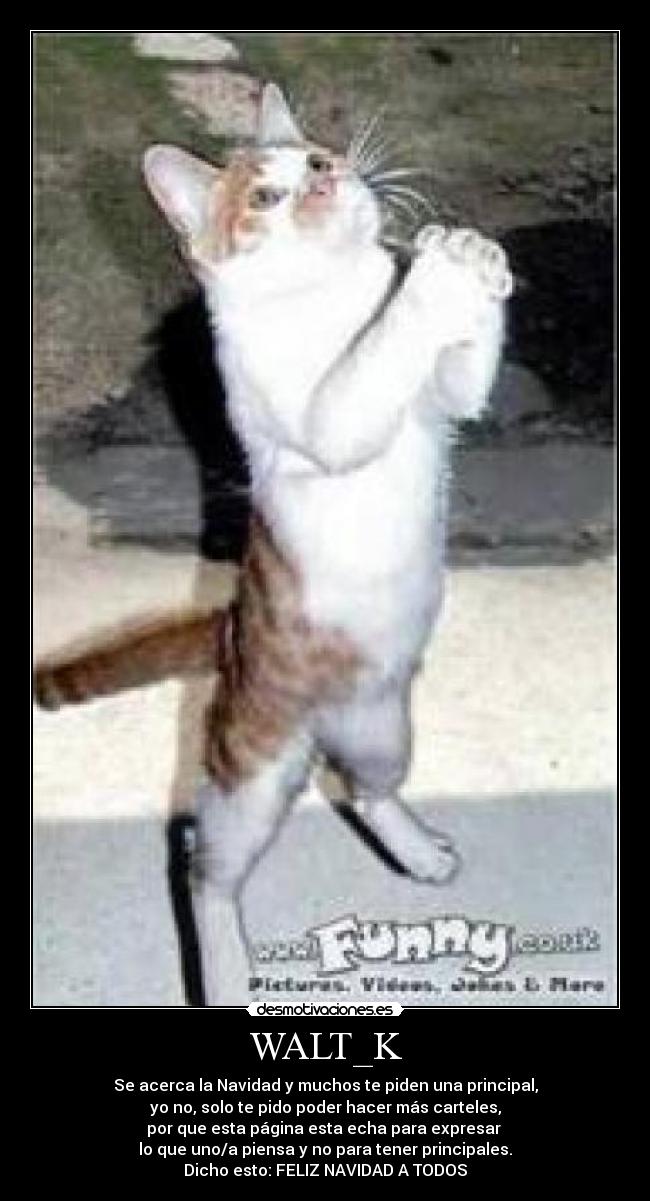 WALT_K - Se acerca la Navidad y muchos te piden una principal,
yo no, solo te pido poder hacer más carteles,
por que esta página esta echa para expresar
lo que uno/a piensa y no para tener principales.
Dicho esto: FELIZ NAVIDAD A TODOS