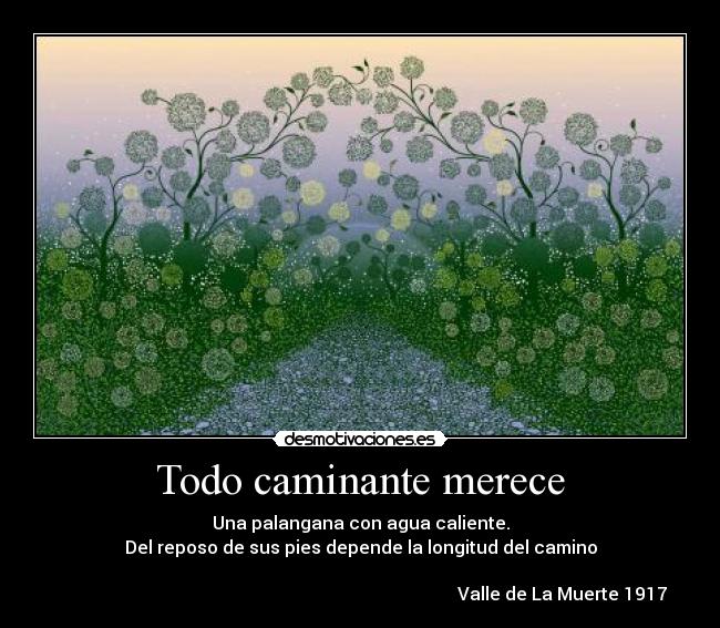 Todo caminante merece - Una palangana con agua caliente.
Del reposo de sus pies depende la longitud del camino
Valle de La Muerte 1917
