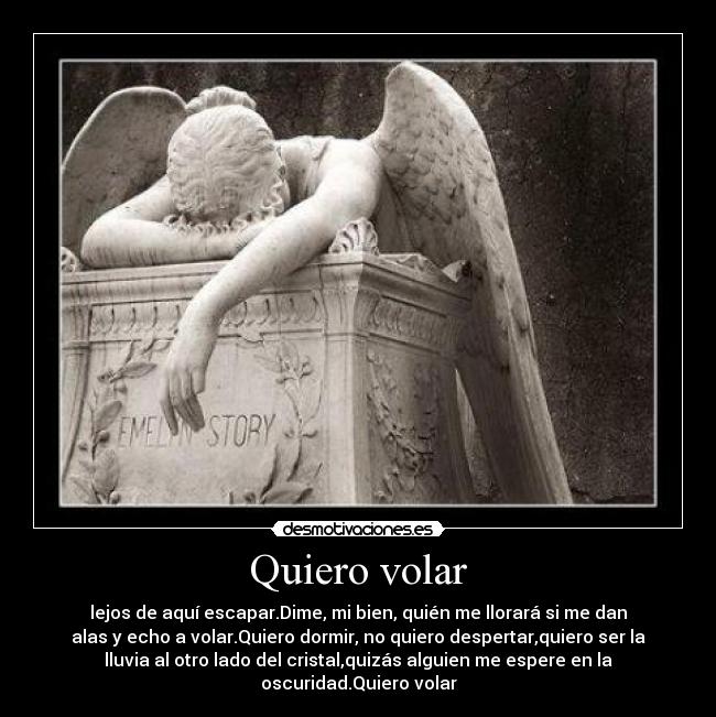 Quiero volar - lejos de aquí escapar.Dime, mi bien, quién me llorará si me dan
alas y echo a volar.Quiero dormir, no quiero despertar,quiero ser la
lluvia al otro lado del cristal,quizás alguien me espere en la
oscuridad.Quiero volar
