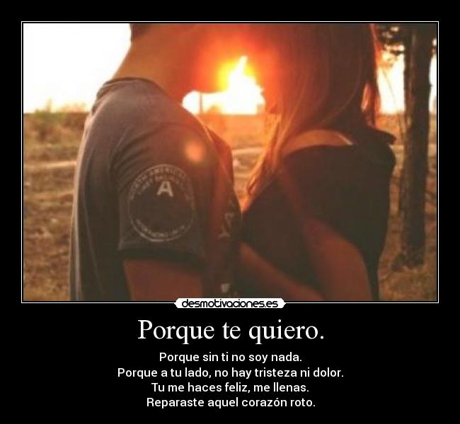 Porque te quiero. - Porque sin ti no soy nada.
Porque a tu lado, no hay tristeza ni dolor.
Tu me haces feliz, me llenas.
Reparaste aquel corazón roto.
