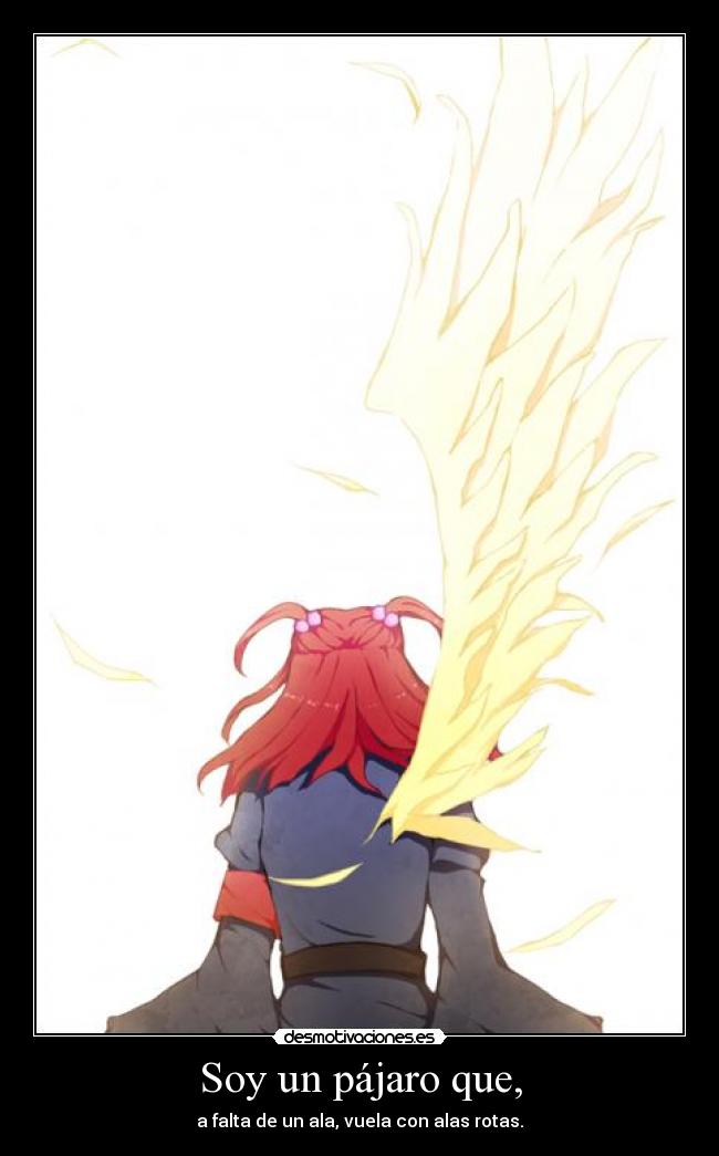 Soy un pájaro que, - a falta de un ala, vuela con alas rotas.