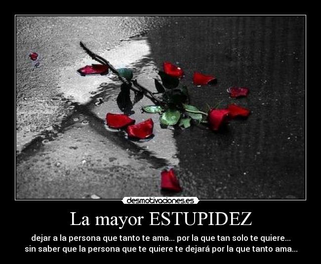 La mayor ESTUPIDEZ - dejar a la persona que tanto te ama... por la que tan solo te quiere...
sin saber que la persona que te quiere te dejará por la que tanto ama...