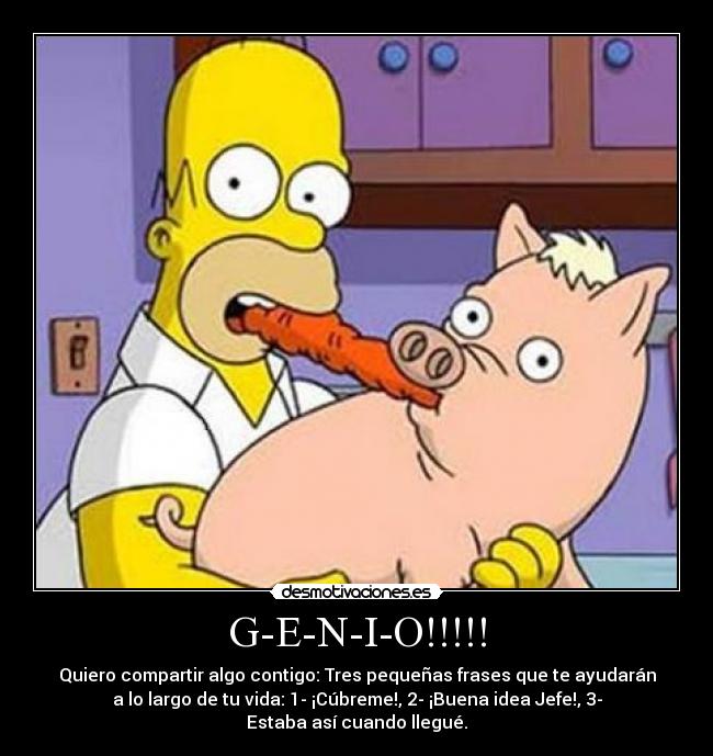 G-E-N-I-O!!!!! - Quiero compartir algo contigo: Tres pequeñas frases que te ayudarán
a lo largo de tu vida: 1- ¡Cúbreme!, 2- ¡Buena idea Jefe!, 3-
Estaba así cuando llegué.