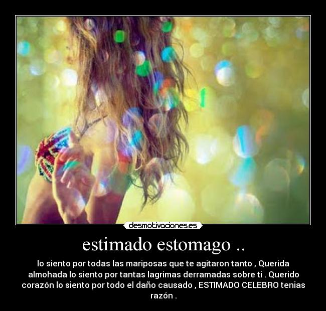 estimado estomago .. - lo siento por todas las mariposas que te agitaron tanto , Querida
almohada lo siento por tantas lagrimas derramadas sobre ti . Querido
corazón lo siento por todo el daño causado , ESTIMADO CELEBRO tenias
razón .