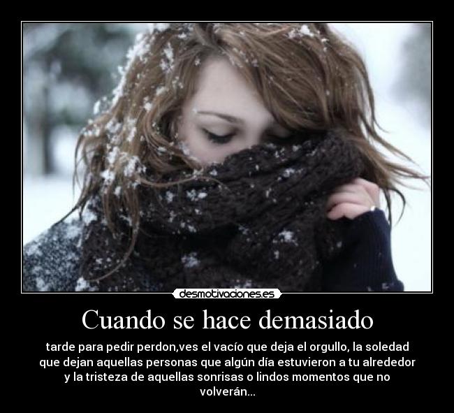 Cuando se hace demasiado - tarde para pedir perdon,ves el vacío que deja el orgullo, la soledad
que dejan aquellas personas que algún día estuvieron a tu alrededor
y la tristeza de aquellas sonrisas o lindos momentos que no
volverán...