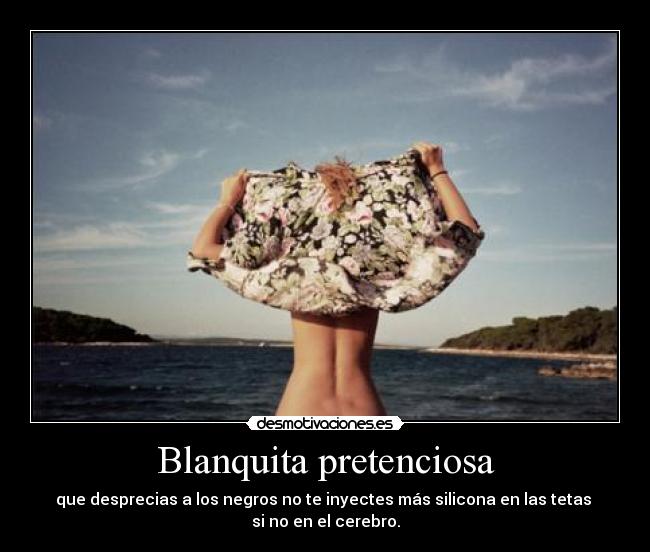 Blanquita pretenciosa - que desprecias a los negros no te inyectes más silicona en las tetas 
si no en el cerebro.