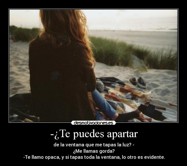 -¿Te puedes apartar - de la ventana que me tapas la luz? -
¿Me llamas gorda?
-Te llamo opaca, y si tapas toda la ventana, lo otro es evidente.
