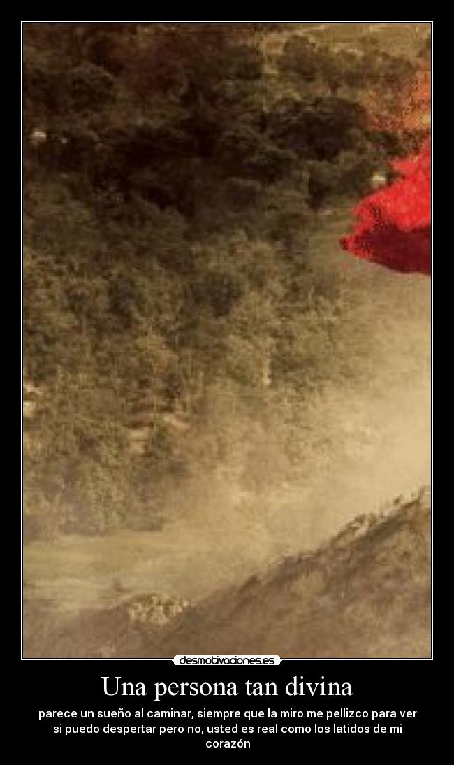 Una persona tan divina - parece un sueño al caminar, siempre que la miro me pellizco para ver
si puedo despertar pero no, usted es real como los latidos de mi
corazón