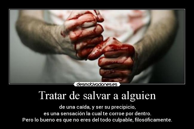 Tratar de salvar a alguien - de una caída, y ser su precipicio,
es una sensación la cual te corroe por dentro.
Pero lo bueno es que no eres del todo culpable, filosóficamente.