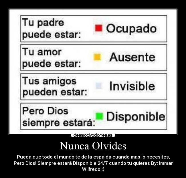 Nunca Olvides - Pueda que todo el mundo te de la espalda cuando mas lo necesites,
Pero Dios! Siempre estará Disponible 24/7 cuando tu quieras By: Immar Wilfredo ;)