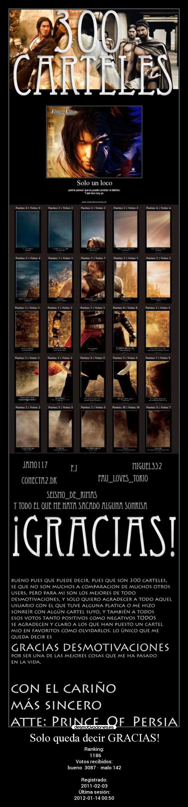 Solo queda decir GRACIAS! - Ranking:
⇓ 1186
Votos recibidos:
bueno⇑ 3087 · ⇓malo 142
Registrado:
2011-02-03
Última sesión:
2012-01-14 00:50