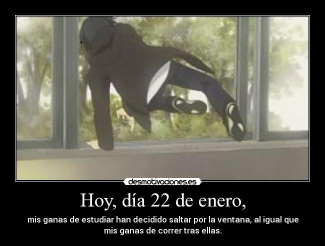 Hoy, día 22 de enero, - mis ganas de estudiar han decidido saltar por la ventana, al igual que
mis ganas de correr tras ellas.