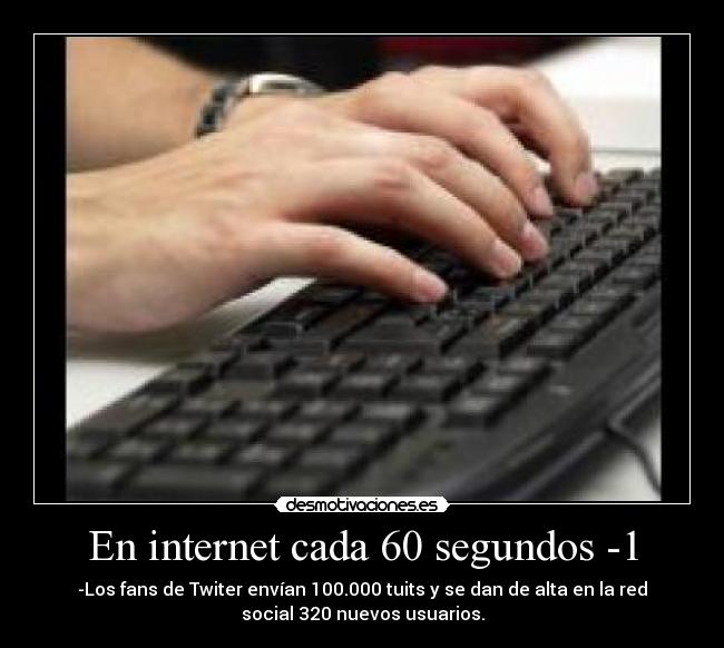 En internet cada 60 segundos -1 - -Los fans de Twiter envían 100.000 tuits y se dan de alta en la red
social 320 nuevos usuarios.
