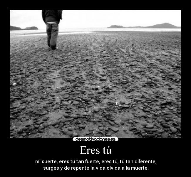 Eres tú - mi suerte, eres tú tan fuerte, eres tú, tú tan diferente,
surges y de repente la vida olvida a la muerte.