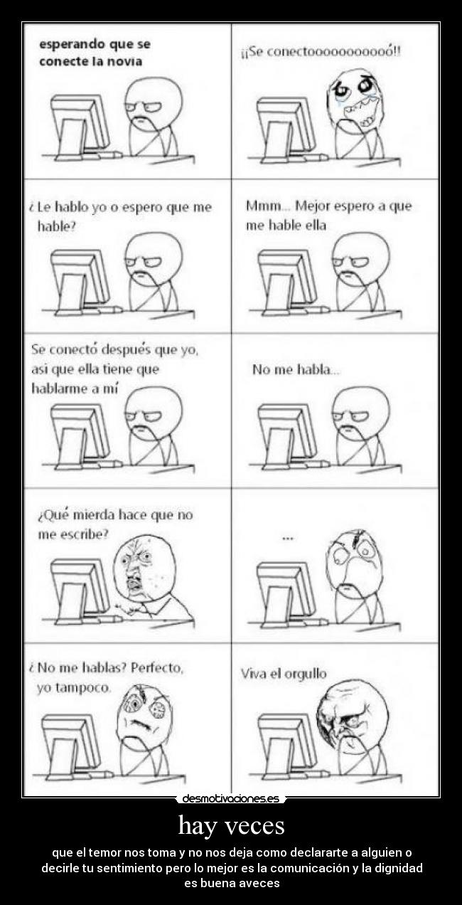hay veces - que el temor nos toma y no nos deja como declararte a alguien o
decirle tu sentimiento pero lo mejor es la comunicación y la dignidad
es buena aveces