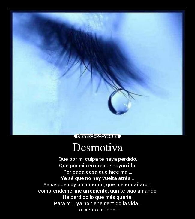 Desmotiva - Que por mi culpa te haya perdido.
Que por mis errores te hayas ido.
Por cada cosa que hice mal...
Ya sé que no hay vuelta atrás...
Ya sé que soy un ingenuo, que me engañaron,
comprendeme, me arrepiento, aun te sigo amando.
He perdido lo que más queria.
Para mi... ya no tiene sentido la vida...
Lo siento mucho...