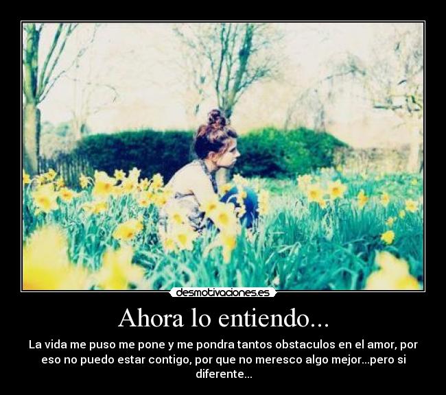 Ahora lo entiendo... - La vida me puso me pone y me pondra tantos obstaculos en el amor, por
eso no puedo estar contigo, por que no meresco algo mejor...pero si
diferente...