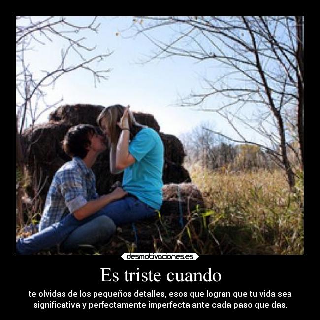 Es triste cuando - te olvidas de los pequeños detalles, esos que logran que tu vida sea
significativa y perfectamente imperfecta ante cada paso que das.