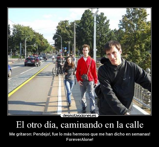 El otro día, caminando en la calle - Me gritaron: Pendejo!, fue lo más hermoso que me han dicho en semanas!
ForeverAlone!