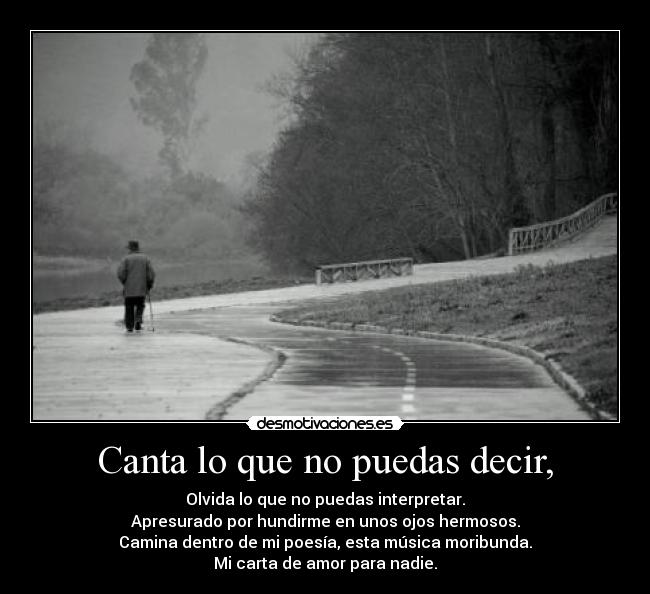 Canta lo que no puedas decir, - Olvida lo que no puedas interpretar.
Apresurado por hundirme en unos ojos hermosos.
Camina dentro de mi poesía, esta música moribunda.
Mi carta de amor para nadie.