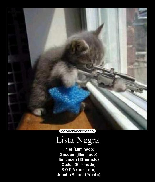 Lista Negra - ☑ Hitler (Eliminado)
☑ Saddam (Eliminado)
☑ Bin Laden (Eliminado)
☑ Gadafi (Eliminado)
☐ S.O.P.A (casi listo)
☐ Junstin Bieber (Pronto)